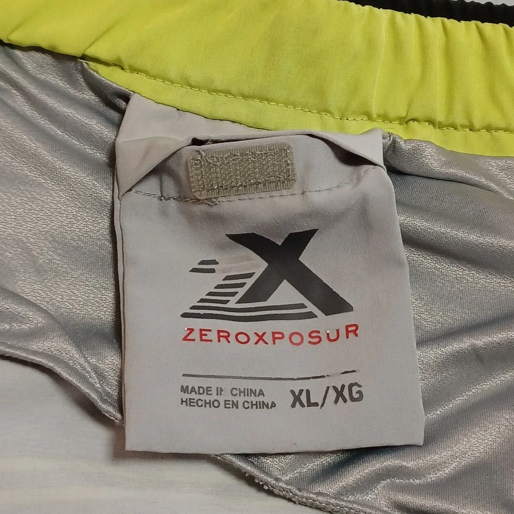 ZeroXposur Mens Board Shorts XL Black Grn Neon Striped Swim Trunks Zipper Pocket